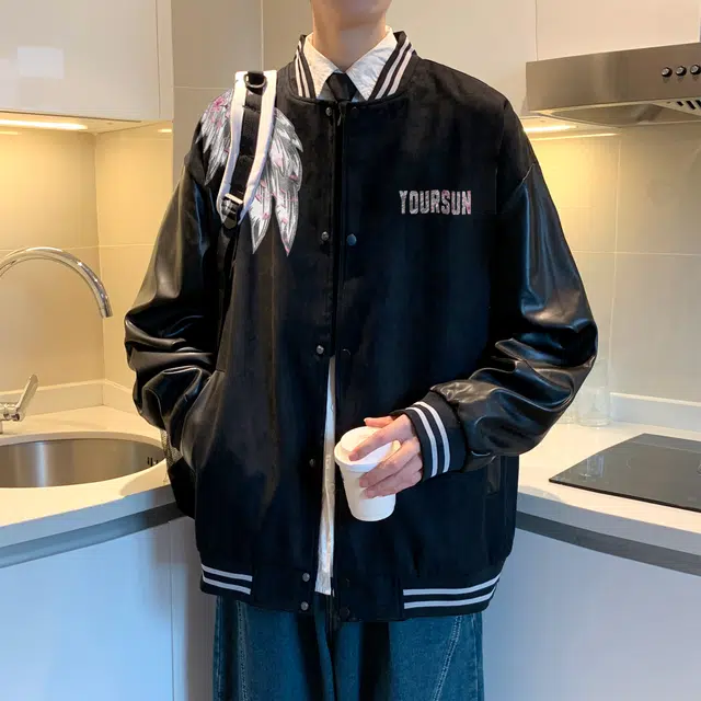 宜而爽  美式复古百搭高街高级感户外运动花卉翅膀图案字母印花宽松运动通勤休闲单排扣拼接撞色落肩袖棒球服 男女同款