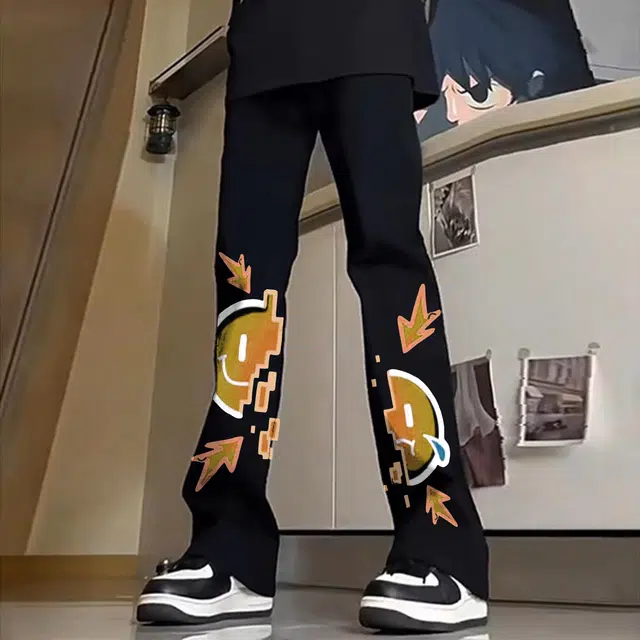 宜而爽 美式高街复古潮流创意涂鸦闪电笑脸图案印花水洗做旧高级感中腰显高显瘦直筒休闲长裤通勤宽松垂感阔腿微喇弯刀牛仔裤 男女同款