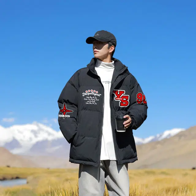 宜而爽 美式高街复古基础款创意图案字母数字印花宽松休闲运动加厚保暖立领防风棉衣面包服外套日常通勤百搭学院风棉服 男女同款