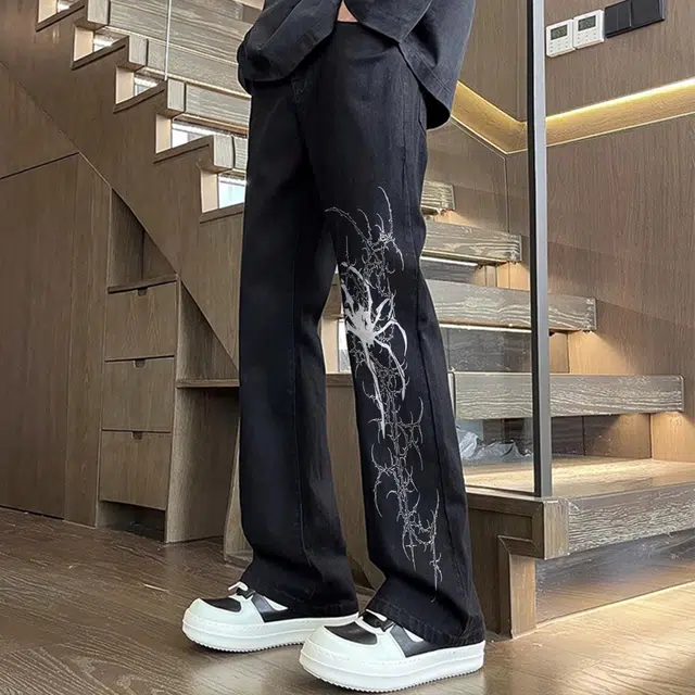 宜而爽 美式复古高街潮流蜘蛛荆棘藤蔓图案印花水洗做旧高级感中腰显高显瘦直筒休闲长裤通勤宽松垂感阔腿微喇弯刀牛仔裤 男女同款