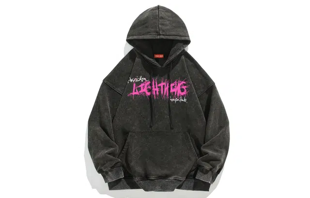 宜而爽 美式复古潮牌高街卡通创意漫画闪电死神图案字母印花宽松休闲运动日常通勤百搭落肩套头长袖上衣水洗做旧连帽卫衣 男女同款