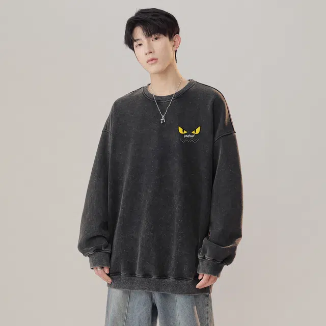 宜而爽 美式高街复古潮牌创意仿刺绣卡通恶魔笑脸图案字母印花水洗做旧宽松休闲落肩长袖上衣日常通勤百搭套头圆领卫衣 男女同款