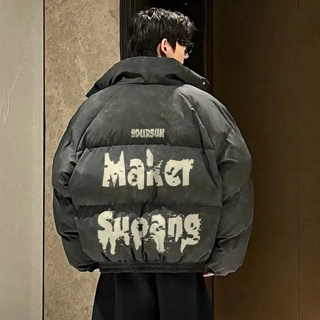 宜而爽 美式高街复古潮流韩系基础简约创意涂鸦字母印花立领加厚保暖慵懒感防风短款棉衣面包服宽松休闲日常百搭棉服外套 男女同款