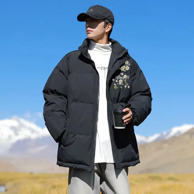 宜而爽 美式街头复古户外运动国潮仿刺绣花卉字母印花宽松休闲运动加厚保暖立领防风棉衣面包服外套日常通勤百搭棉服 男女同款