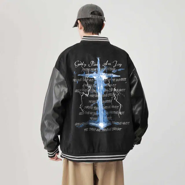 宜而爽  美式高街创意闪电水晶十字剑图案字母印花宽松休闲舒适百搭日常通勤运动麂皮绒单排扣落肩长袖棒球服 男女同款