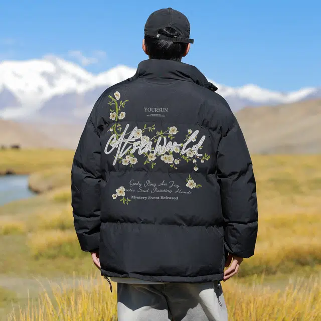 宜而爽 美式街头复古户外运动国潮仿刺绣花卉字母印花宽松休闲运动加厚保暖立领防风棉衣面包服外套日常通勤百搭棉服 男女同款