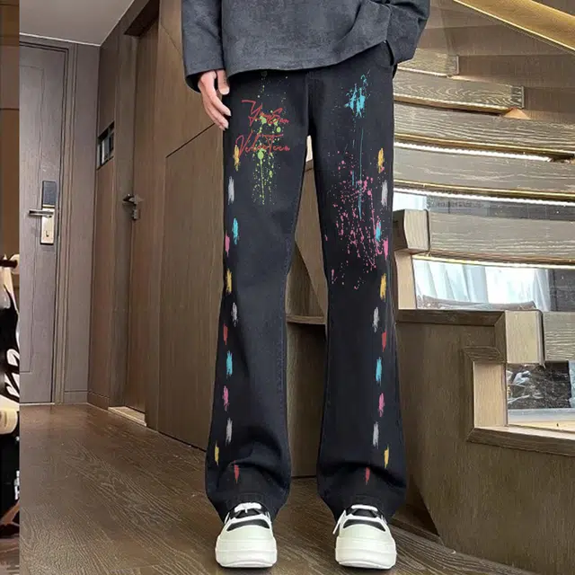 宜而爽 美式高街复古创意手绘笔刷泼墨字母印花水洗做旧高级感中腰显高显瘦直筒休闲长裤通勤宽松垂感直筒阔腿微喇牛仔裤 男女同款