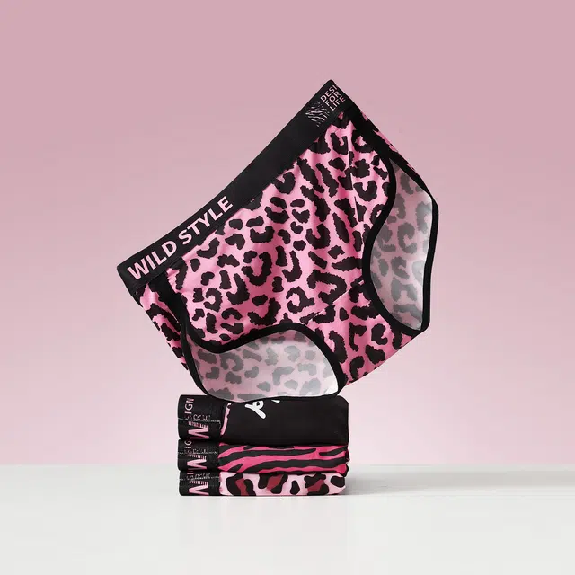 莫代尔 冰丝卡通黑粉豹纹潮流印花少女宽松透气舒适抗菌运动中腰三角裤内裤 女款 组合装 图片色