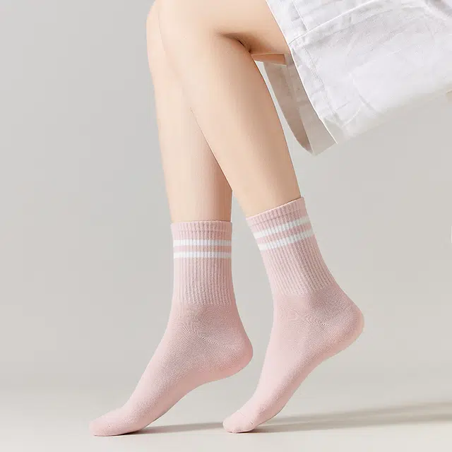 莫代尔 时尚潮流舒适透气抗菌消臭长袜高弹回形条纹设计运动袜轻便灵活透气吸湿防臭减压中筒袜 女款