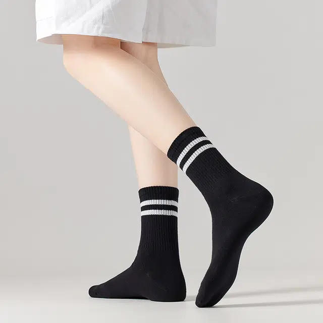 莫代尔 时尚潮流舒适透气抗菌消臭长袜高弹回形条纹设计运动袜轻便灵活透气吸湿防臭减压中筒袜 女款