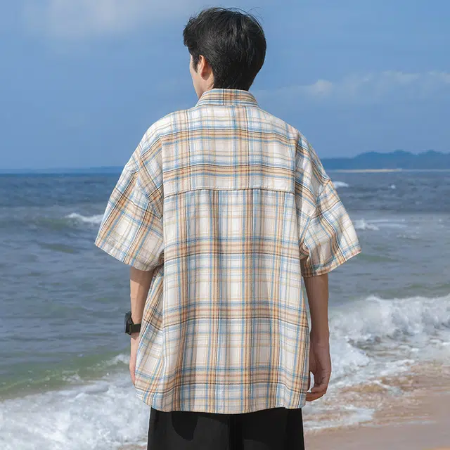 美力城 美式复古工装宽松休闲翻领短袖衬衫 男女同款 黄色格纹