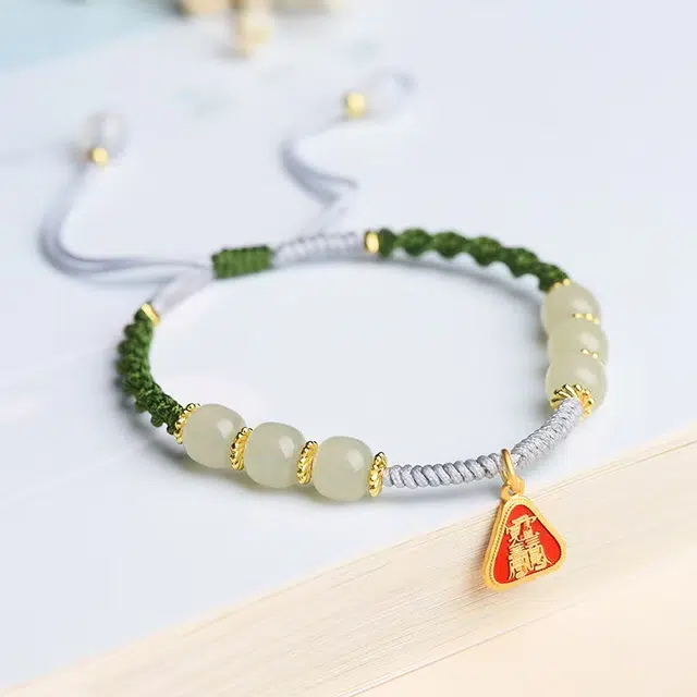 月岚 新中式招财转运珠国潮风 复古 小众设计 手工编织 个性 典雅 高级 好运 和田玉手链 翠青玉 男女同款情侣款