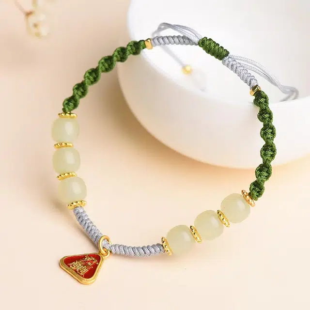 月岚 新中式招财转运珠国潮风 复古 小众设计 手工编织 个性 典雅 高级 好运 和田玉手链 翠青玉 男女同款情侣款