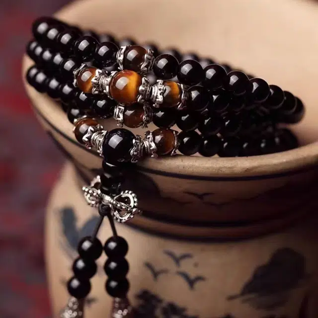 月岚 新中式六字真言招财藏式佛珠转运珠国潮高级感 民族风 转运 绕指柔 多圈 黑曜石 玉石手串 男女同款情侣款