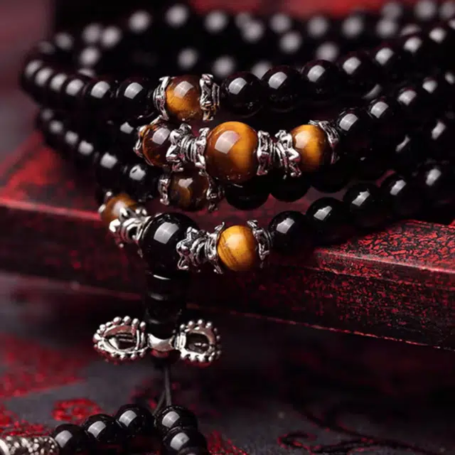 月岚 新中式六字真言招财藏式佛珠转运珠国潮高级感 民族风 转运 绕指柔 多圈 黑曜石 玉石手串 男女同款情侣款