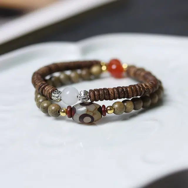 月岚 新中式民族风藏式双圈叠戴转运珠佛珠念珠 简约复古 檀木 手串 男女同款情侣款