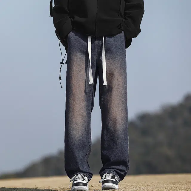 北极绒 美式复古做旧系带阔腿宽松牛仔裤 男款