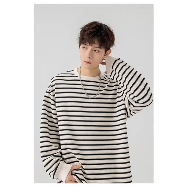 北极绒 宽松条纹圆领百搭卫衣 男款