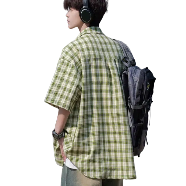 北极绒 男夏季日系宽松休闲格子百搭高级感上衣衬衫 男款