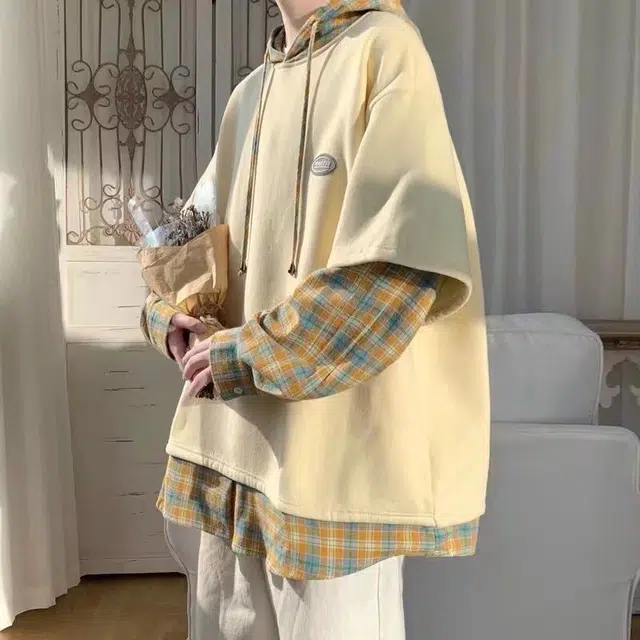 北极绒 假两件男连帽春秋季外套高街小众设计感连帽卫衣 男款