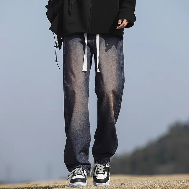 北极绒 美式复古做旧系带阔腿宽松牛仔裤 男款