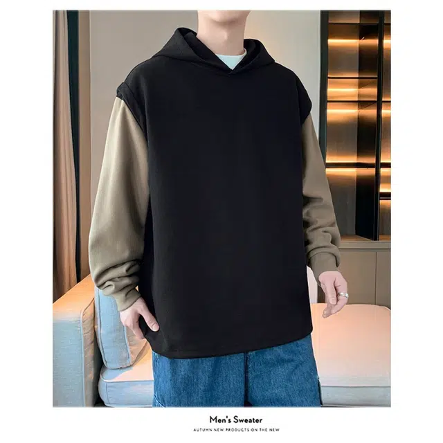 北极绒 美式假两件连帽保暖拼色时尚帅气宽松百搭卫衣 男款