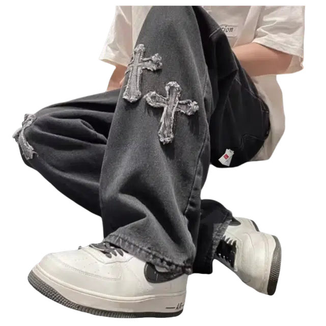 北极绒 美式高街十字架春秋潮牌水洗复古直筒宽松阔腿裤子牛仔裤 男款