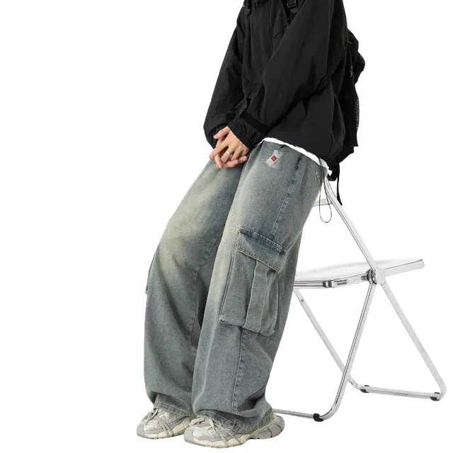 北极绒 美式高街复古男潮牌宽松水洗直筒牛仔裤 男款