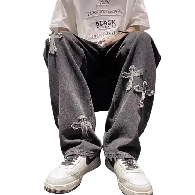 北极绒 美式高街十字架春秋潮牌水洗复古直筒宽松阔腿裤子牛仔裤 男款