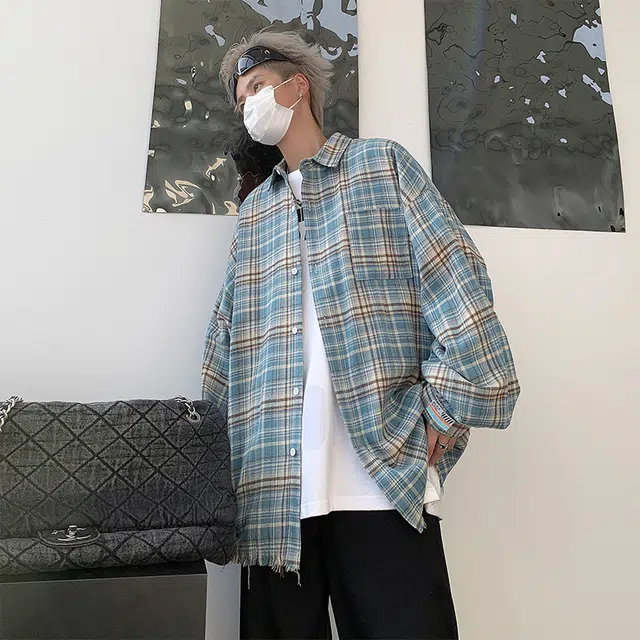 北极绒 美式复古格纹长袖男宽松休闲痞帅毛边格子衬衣外套潮衬衫 男款