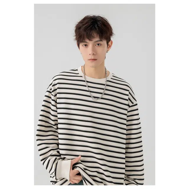 北极绒 宽松条纹圆领百搭卫衣 男款