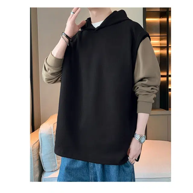 北极绒 美式假两件连帽保暖拼色时尚帅气宽松百搭卫衣 男款