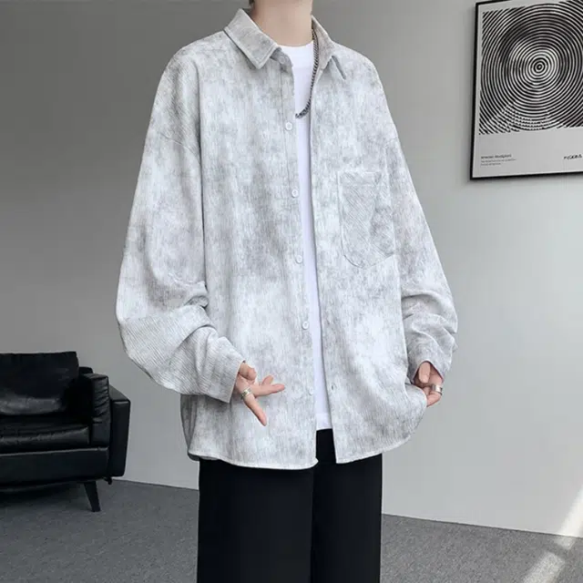 北极绒 男士肌理韩版高级感帅气夏季宽松提花长袖美式休闲衬衣衬衫 男款