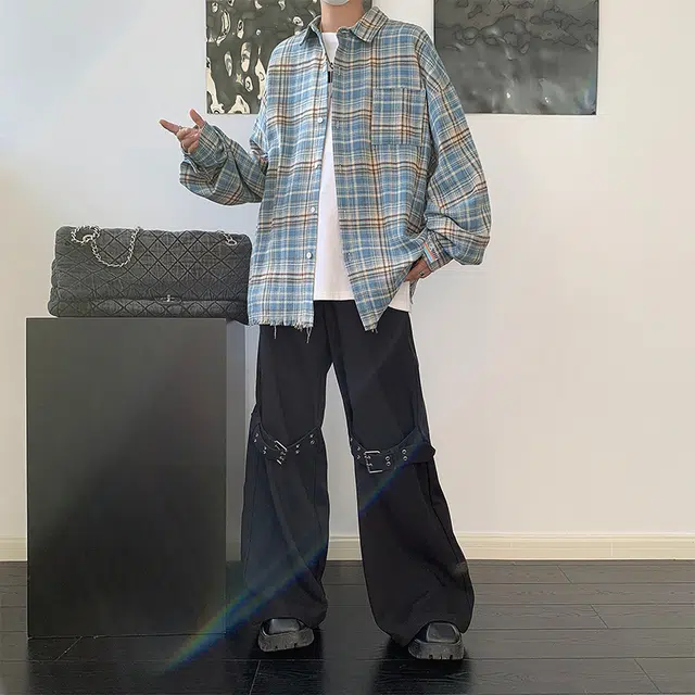 北极绒 美式复古格纹长袖男宽松休闲痞帅毛边格子衬衣外套潮衬衫 男款