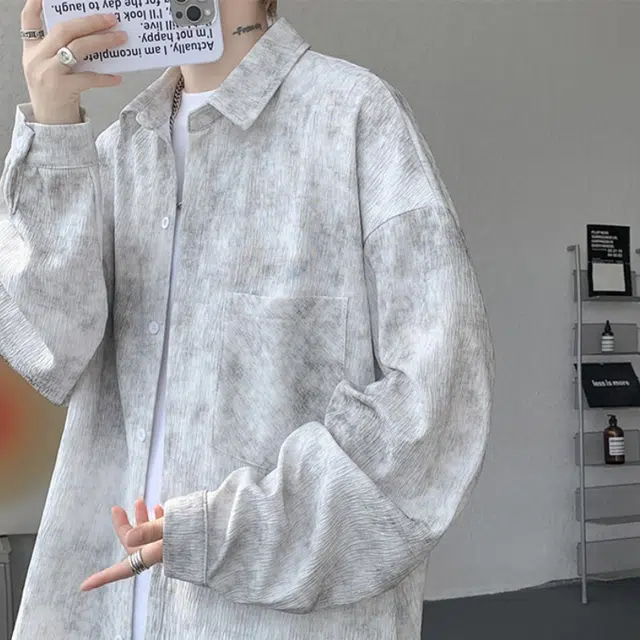 北极绒 男士肌理韩版高级感帅气夏季宽松提花长袖美式休闲衬衣衬衫 男款
