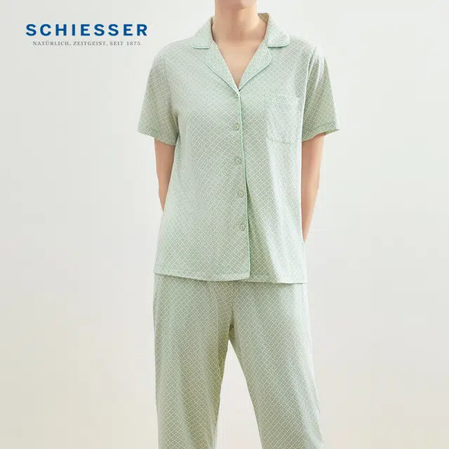 舒雅 简约亲肤舒适印花翻领短袖休闲可外穿长裤睡衣套装 女款 浅绿