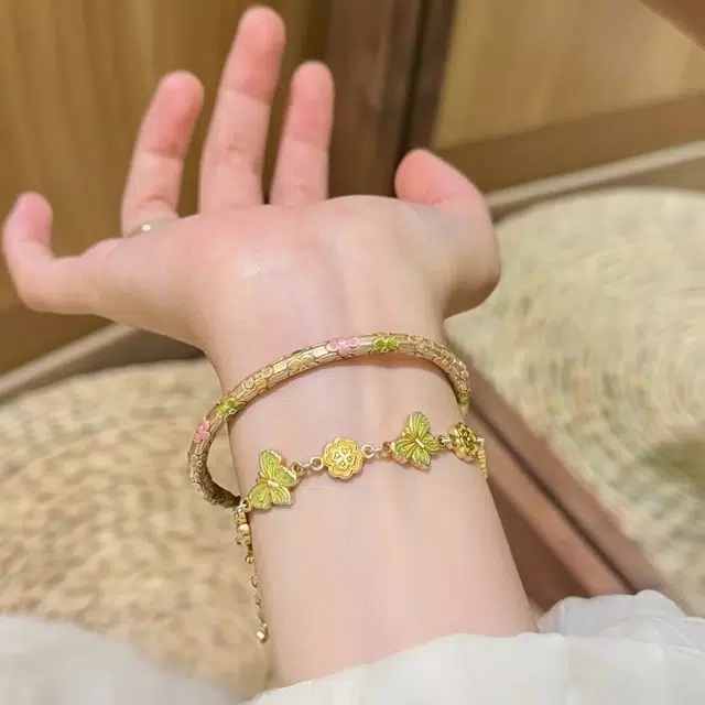 麟典 描金葫芦头花朵开口镯 精致优雅浪漫甜美 国风新中式小众设计手饰 饰品 高级礼盒 #好运 合金 手镯 女款