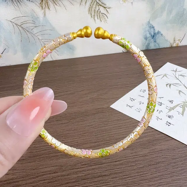 麟典 描金葫芦头花朵开口镯 精致优雅浪漫甜美 国风新中式小众设计手饰 饰品 高级礼盒 #好运 合金 手镯 女款
