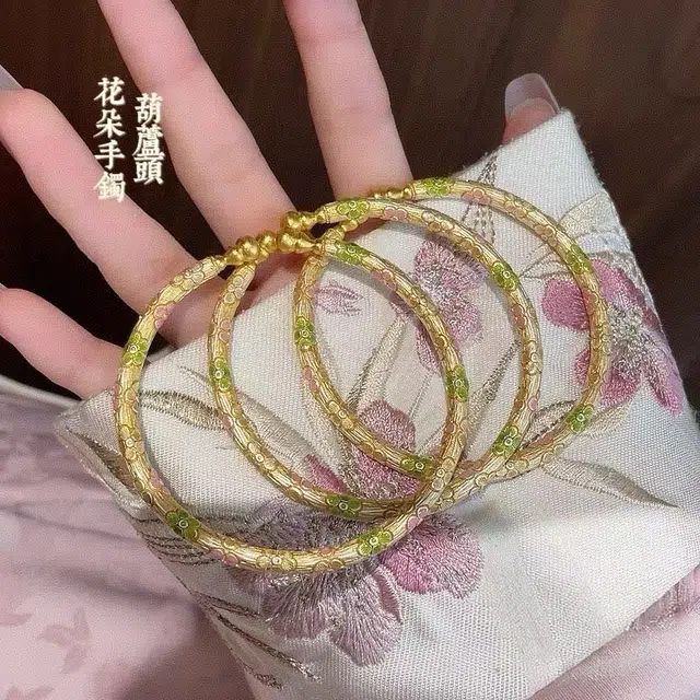 麟典 描金葫芦头花朵开口镯 精致优雅浪漫甜美 国风新中式小众设计手饰 饰品 高级礼盒 #好运 合金 手镯 女款
