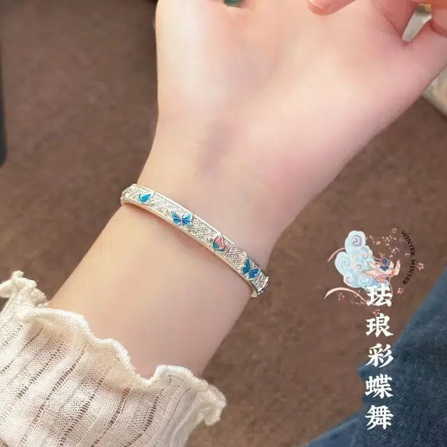 麟典 珐琅经纶流苏开口镯森系小清新甜美可爱国风新中式小众设计手饰手环女生饰品 优雅简约百搭通勤 高级礼盒 合金 手镯 女款
