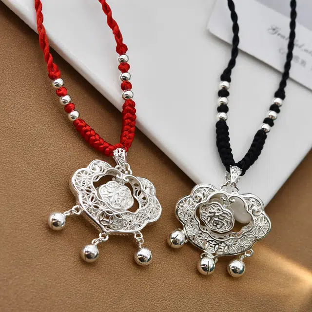 麟典 福字平安长命锁 新中式轻奢小众设计长命锁转运珠祥云如意 合金 项链 男女同款情侣款