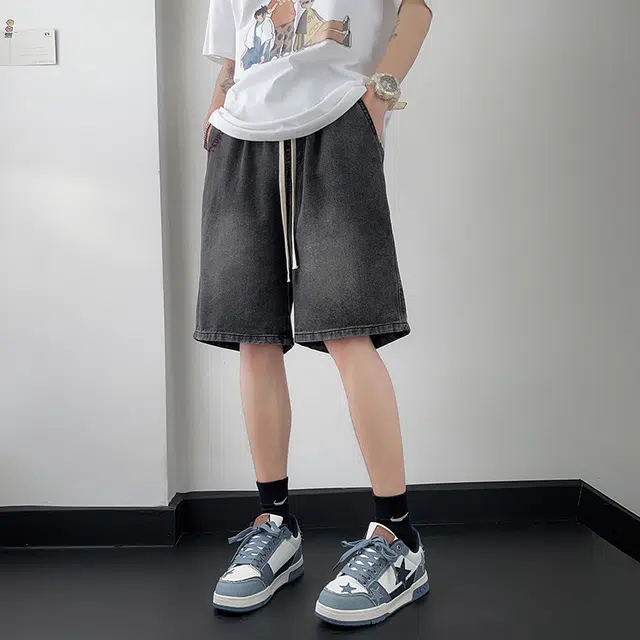 泰迪珍藏 夏季渐变高级废土风舒适百搭透气潮牌休闲时尚宽松直筒系带五分牛仔短裤 男女同款