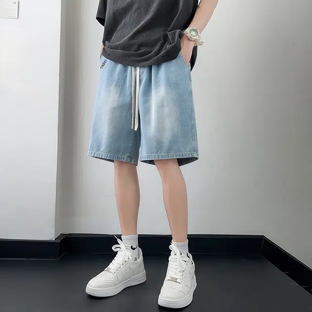 泰迪珍藏 夏季渐变高级废土风舒适百搭透气潮牌休闲时尚宽松直筒系带五分牛仔短裤 男女同款