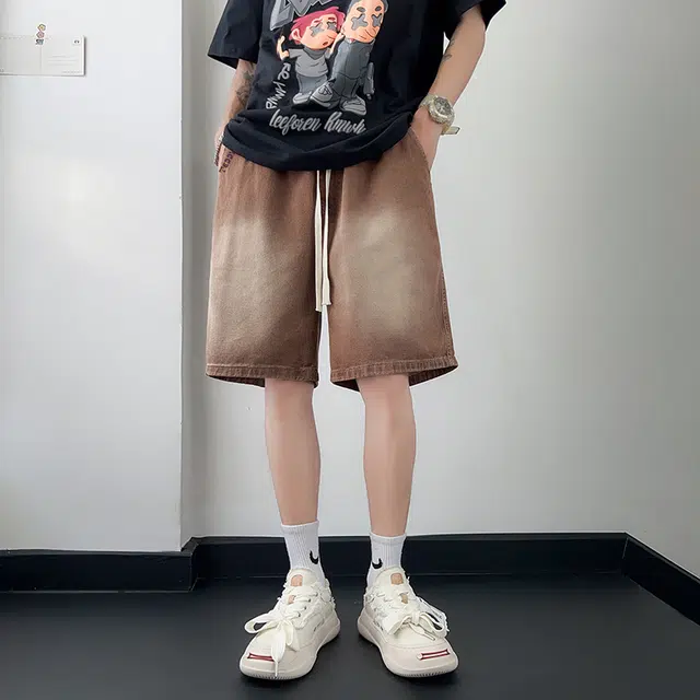 泰迪珍藏 夏季渐变高级废土风舒适百搭透气潮牌休闲时尚宽松直筒系带五分牛仔短裤 男女同款