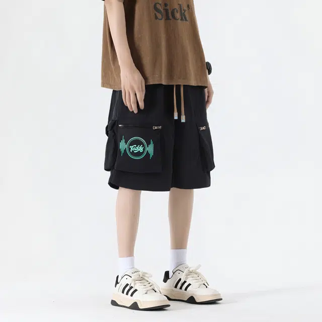 泰迪珍藏 复古时尚字母宽松舒适清凉柔软抗皱轻薄透气速干系带大口袋五分裤休闲短裤 男女同款