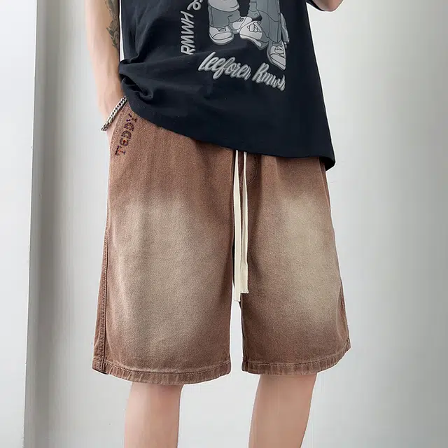 泰迪珍藏 夏季渐变高级废土风舒适百搭透气潮牌休闲时尚宽松直筒系带五分牛仔短裤 男女同款