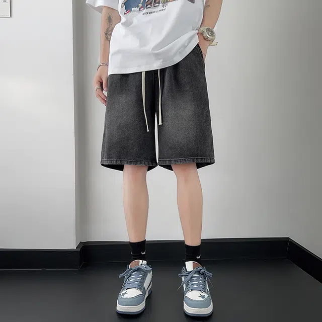 泰迪珍藏 夏季渐变高级废土风舒适百搭透气潮牌休闲时尚宽松直筒系带五分牛仔短裤 男女同款