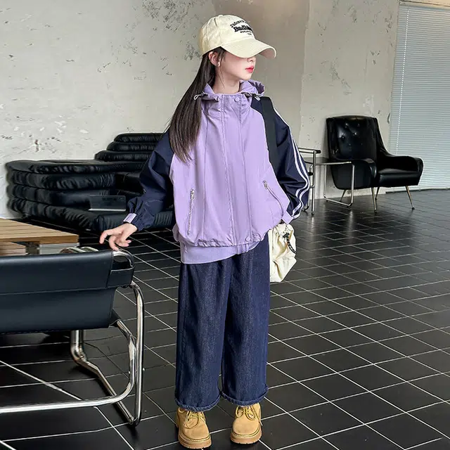青少年 木木兔 舒适条纹连帽拉链冲锋衣 浅紫色