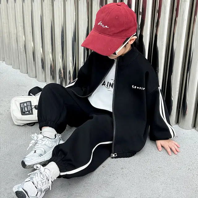 木木兔 立领舒适柔软轻盈休闲运动套装 黑色中小童