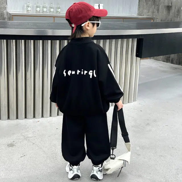 木木兔 立领舒适柔软轻盈休闲运动套装 黑色中小童